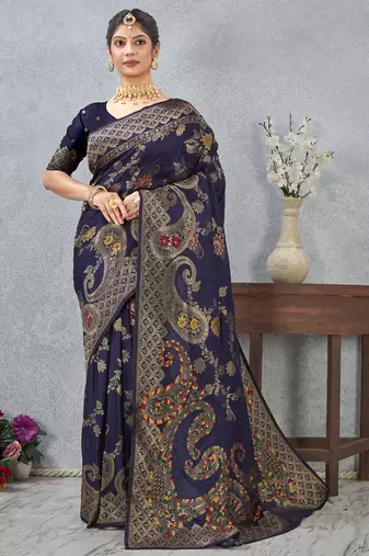 navy blue sequin zari resham embroidered banarasi silk saree