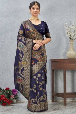 navy blue sequin zari resham embroidered banarasi silk saree 2