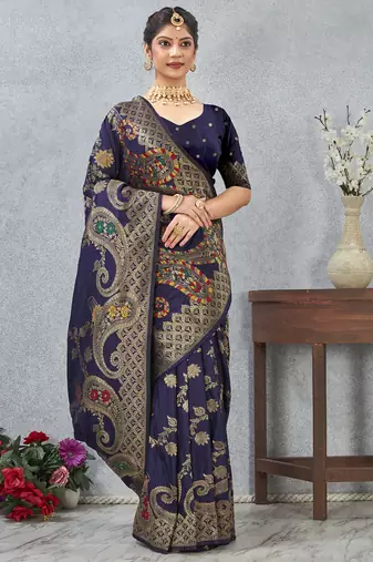 navy blue sequin zari resham embroidered banarasi silk saree