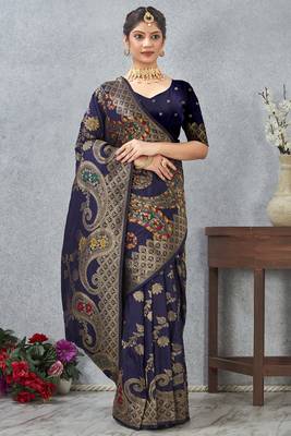 navy blue sequin zari resham embroidered banarasi silk saree 3