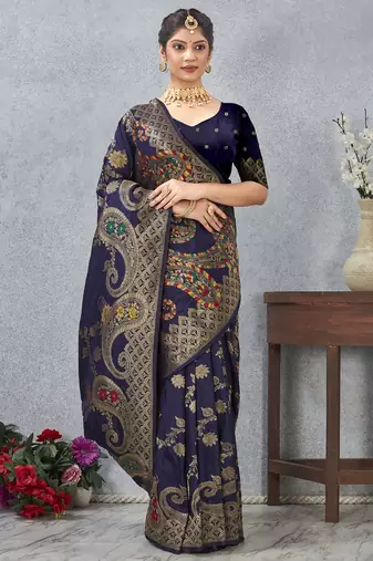 navy blue sequin zari resham embroidered banarasi silk saree