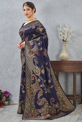 navy blue sequin zari resham embroidered banarasi silk saree 4