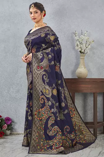 navy blue sequin zari resham embroidered banarasi silk saree