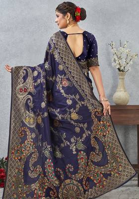 navy blue sequin zari resham embroidered banarasi silk saree 5
