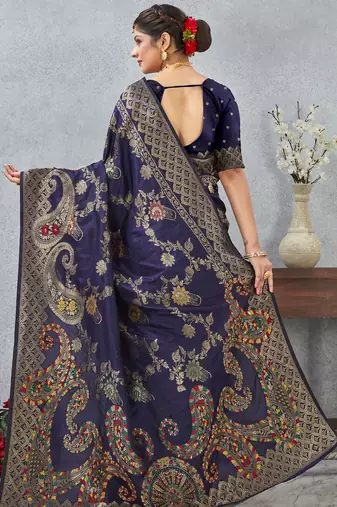 navy blue sequin zari resham embroidered banarasi silk saree
