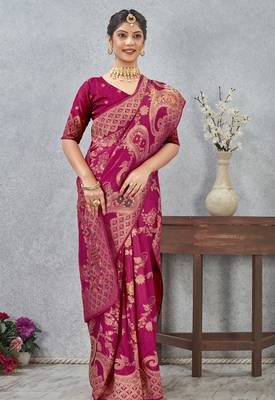 magenta sequin zari resham embroidered banarasi silk saree 1