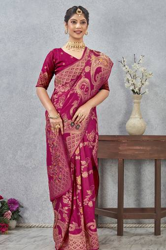 magenta sequin zari resham embroidered banarasi silk saree