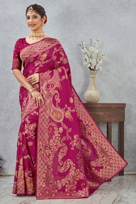 magenta sequin zari resham embroidered banarasi silk saree 2