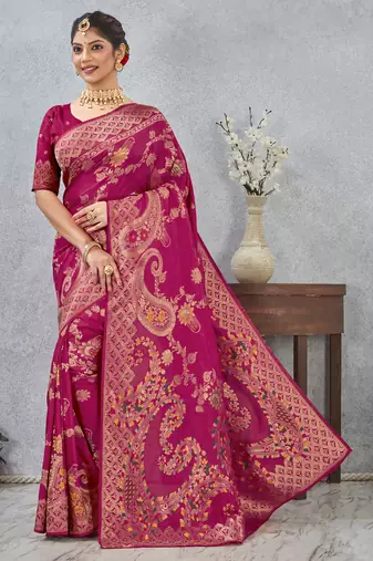 magenta sequin zari resham embroidered banarasi silk saree