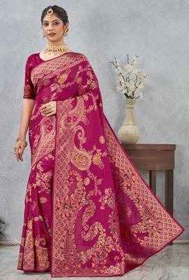 magenta sequin zari resham embroidered banarasi silk saree 3