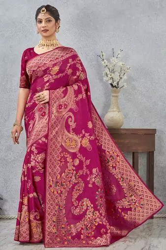 magenta sequin zari resham embroidered banarasi silk saree