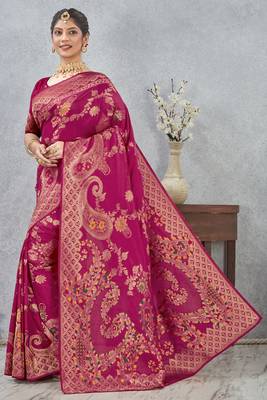 magenta sequin zari resham embroidered banarasi silk saree 4