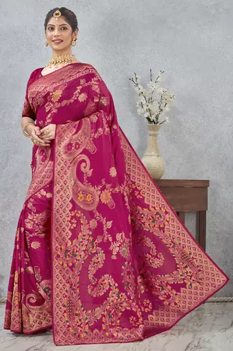 magenta sequin zari resham embroidered banarasi silk saree