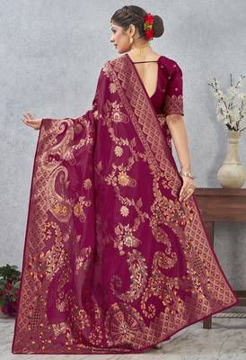 magenta sequin zari resham embroidered banarasi silk saree 5