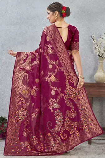 magenta sequin zari resham embroidered banarasi silk saree