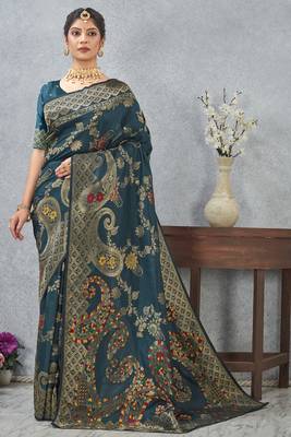 teal blue sequin zari resham embroidered banarasi silk saree 1