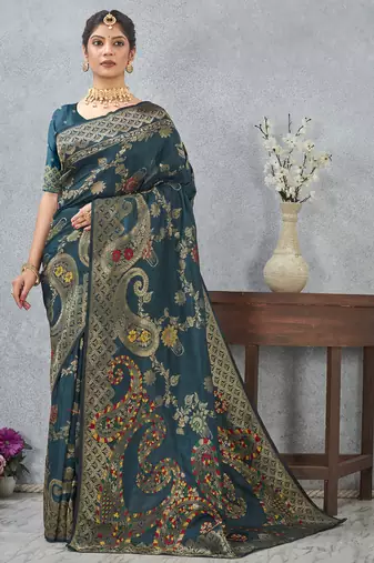 teal blue sequin zari resham embroidered banarasi silk saree