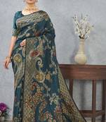 teal blue sequin zari resham embroidered banarasi silk saree