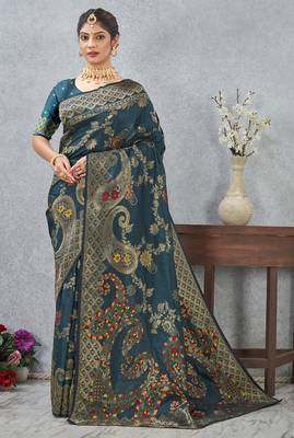 teal blue sequin zari resham embroidered banarasi silk saree 2