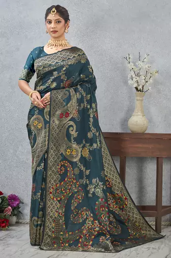 teal blue sequin zari resham embroidered banarasi silk saree