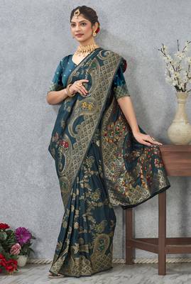 teal blue sequin zari resham embroidered banarasi silk saree 3
