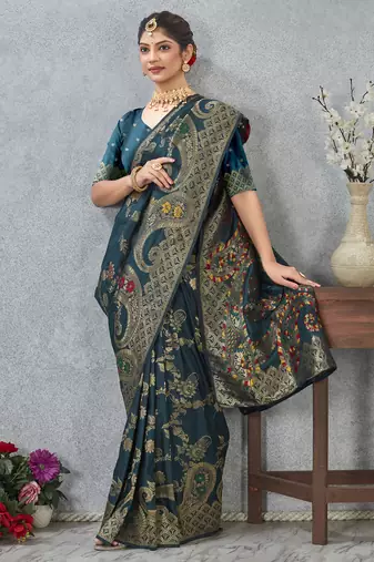 teal blue sequin zari resham embroidered banarasi silk saree