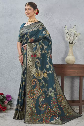 teal blue sequin zari resham embroidered banarasi silk saree