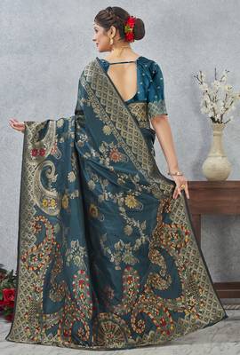 teal blue sequin zari resham embroidered banarasi silk saree 5