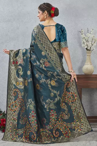 teal blue sequin zari resham embroidered banarasi silk saree