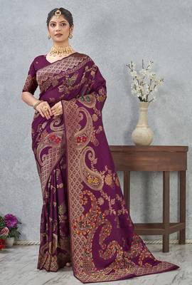 purple sequin zari resham embroidered banarasi silk saree 1