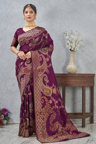purple sequin zari resham embroidered banarasi silk saree