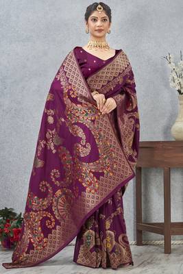 purple sequin zari resham embroidered banarasi silk saree 2