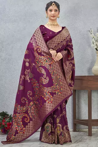 purple sequin zari resham embroidered banarasi silk saree