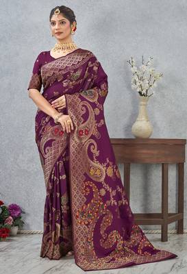 purple sequin zari resham embroidered banarasi silk saree 3