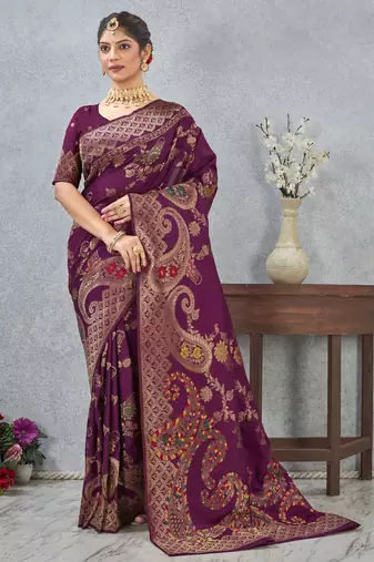 purple sequin zari resham embroidered banarasi silk saree