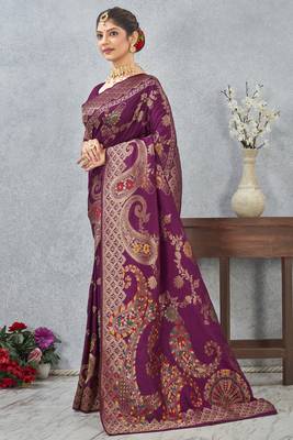 purple sequin zari resham embroidered banarasi silk saree 4