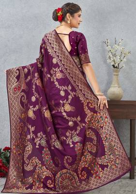 purple sequin zari resham embroidered banarasi silk saree 5