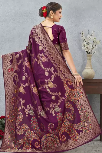 purple sequin zari resham embroidered banarasi silk saree