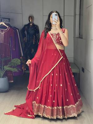 Maroon Embroidery Thread and sequence Work  Heavy Gorgette Lehenga With Fully-Stitched Blouse 1