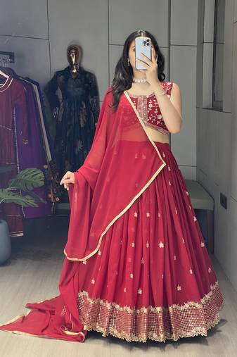 Maroon Embroidery Thread and sequence Work  Heavy Gorgette Lehenga With Fully-Stitched Blouse
