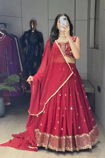 Maroon Embroidery Thread and sequence Work  Heavy Gorgette Lehenga With Fully-Stitched Blouse