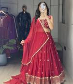 Maroon Embroidery Thread and sequence Work  Heavy Gorgette Lehenga With Fully-Stitched Blouse