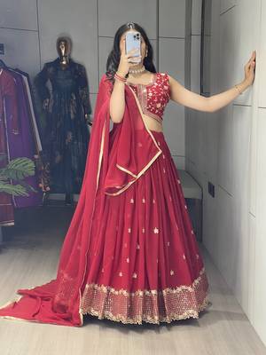 Maroon Embroidery Thread and sequence Work  Heavy Gorgette Lehenga With Fully-Stitched Blouse 2