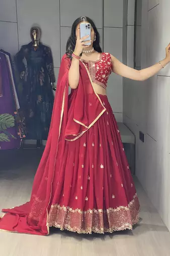 Maroon Embroidery Thread and sequence Work  Heavy Gorgette Lehenga With Fully-Stitched Blouse