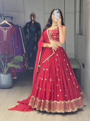 Maroon Embroidery Thread and sequence Work  Heavy Gorgette Lehenga With Fully-Stitched Blouse 3