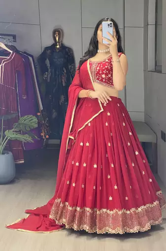 Maroon Embroidery Thread and sequence Work  Heavy Gorgette Lehenga With Fully-Stitched Blouse