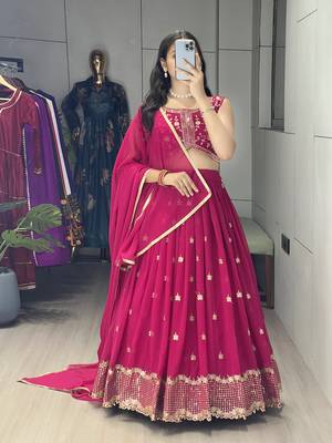 Pink Embroidery Thread and sequence Work  Heavy Gorgette Lehenga With Fully-Stitched Blouse 1