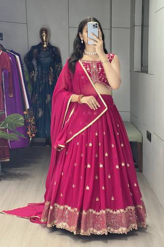 Pink Embroidery Thread and sequence Work  Heavy Gorgette Lehenga With Fully-Stitched Blouse