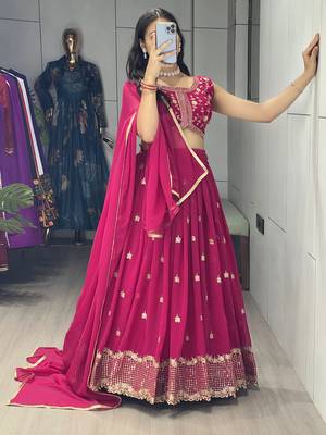 Pink Embroidery Thread and sequence Work  Heavy Gorgette Lehenga With Fully-Stitched Blouse 2