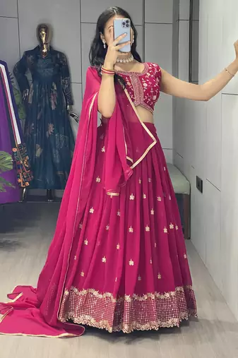 Pink Embroidery Thread and sequence Work  Heavy Gorgette Lehenga With Fully-Stitched Blouse